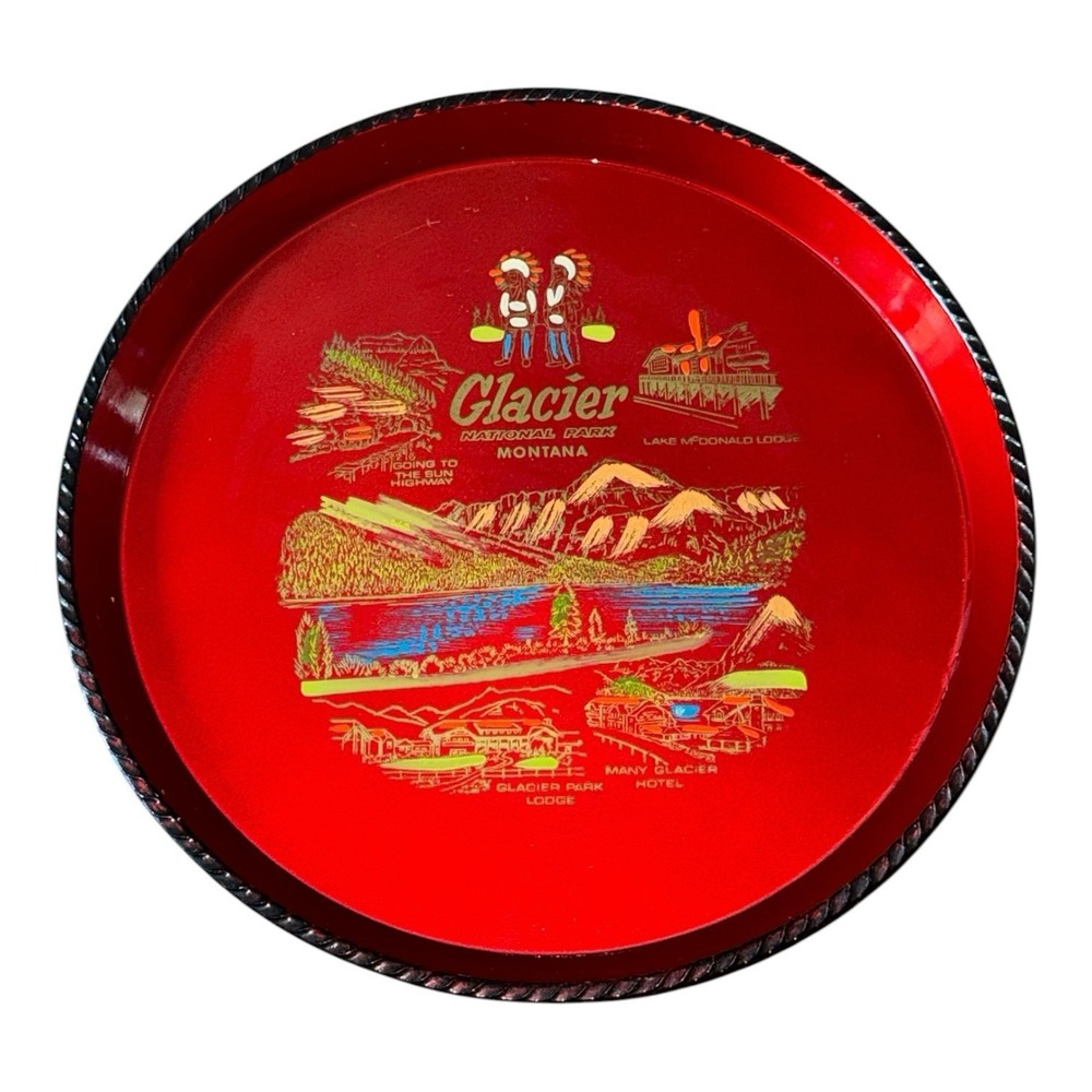 Vintage Glacier National Park Montana Red Metal Souvenir Tray Going to Sun Road